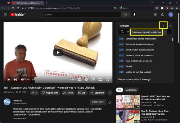 Im YouTube-Transkript der Befehl zum Ausblenden der Zeitstempel
