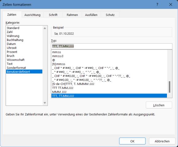 Excel-Fenster mit dem benutzerdefinierten Datumsformat