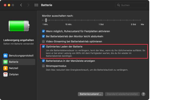 Die Systemeinstellung zur Batterie zeigt, wo der Lernprozess von macOS aktiviert wird
