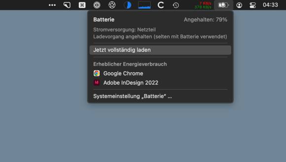 In der Menüleiste zeigt das Batteriesymbol, dass der Akku nur zu knapp 80 Prozent geladen ist