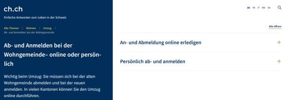 Die Verlinkung zu e-Umzug-CH auf der ch.ch-Webseite