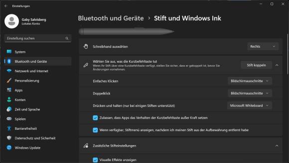 Der Eingabestift in den Windows-Einstellungen zu Bluetooth-Geräten 