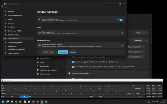 Oben die PowerToys-Einstellungen, unten die Bildschirmtastatur