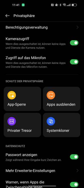 Screenshot der Einstellungen zum privaten Tresor 