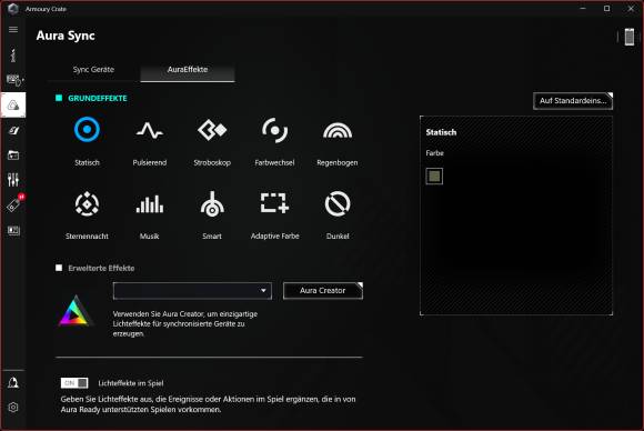 Screenshot der Aura-Effekte-Einstellungen im Asus-Tool "Armoury Crate"