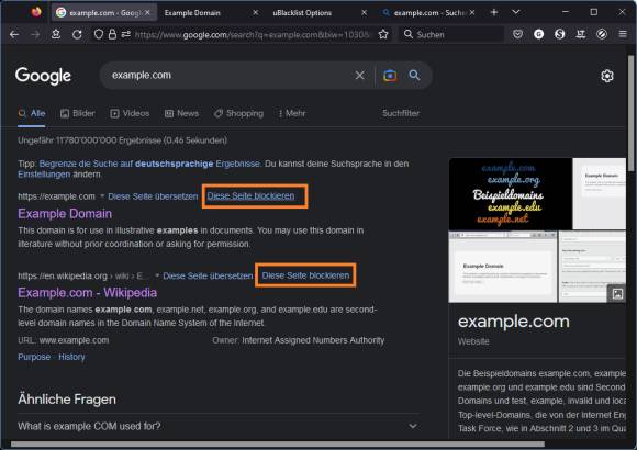 Im Screenshot ist der Link "Diese Seite blockieren" markiert