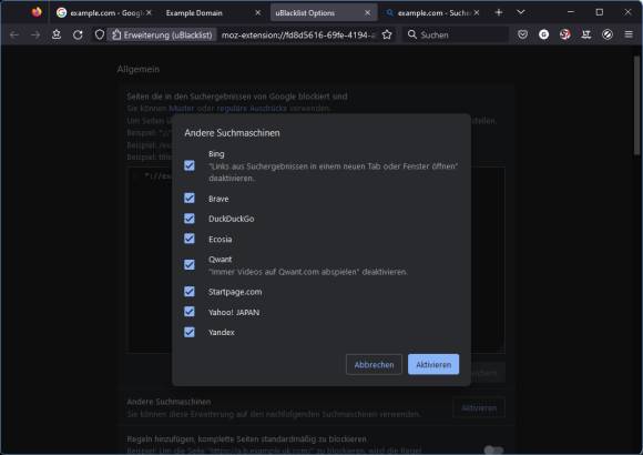 Die uBlacklist-Optionen, in denen sich auch andere Suchmaschinen aktivieren lassen