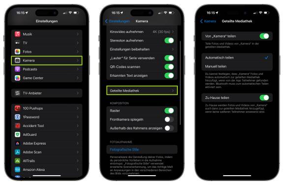 Der Screenshot zeigt die Einstellungen des iPhones, um neue Fotos automatisch in die geteilte Mediathek aufzunehmen