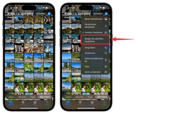 Zwei iPhones liegen nebeneinander; das rechte iPhone zeigt, wie die Markierung der geteilten Fotos ausgeblendet wird