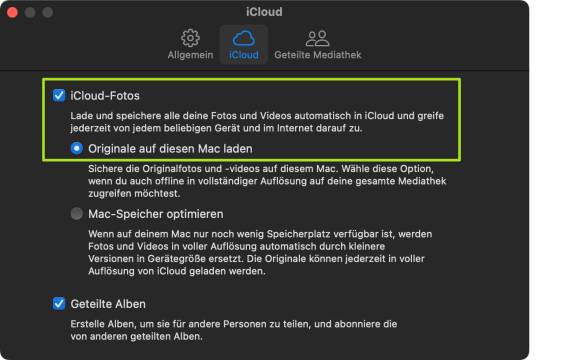 Der Screenshot zeigt, mit welcher Einstellung am Mac alle Fotos vollständig in den Gerätespeicher geladen werden