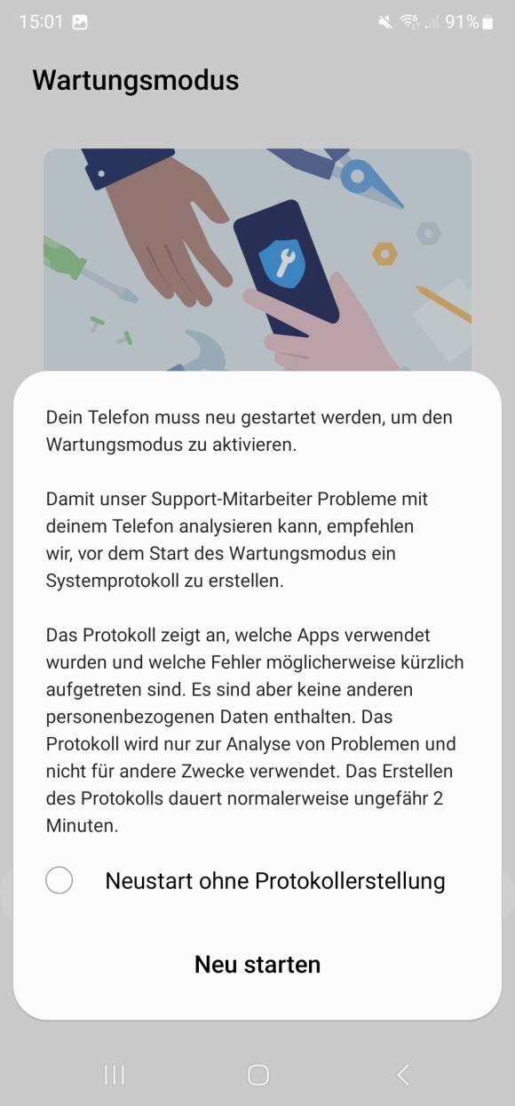 Mit Neu starten startet das Gerät neu