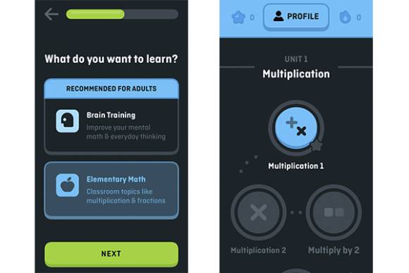 Zwei Screenshots von Duolingo Math auf einem iPhone 