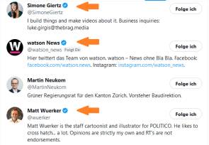 Beispiele einiger Twitter-Accounts mit dem «Verified»-Häkchen 