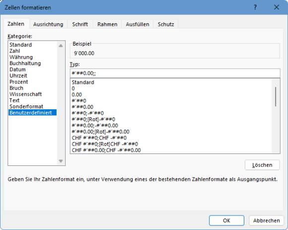 Die Zellformat-Einstellungen mit dem Typ "Benutzerdefiniert" und dem richtigen Formatcode