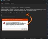 Im Vordergrund eine Fehlermeldung, im Hintergrund der darin enthaltene Text in ein Notepad-Fenster kopiert