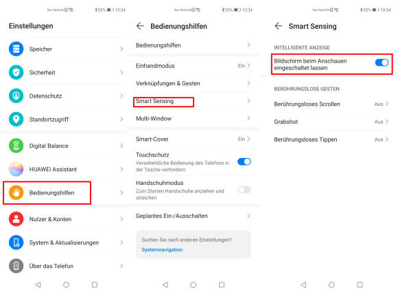 Screenshots der Einstellungen zu Smart Sensing 