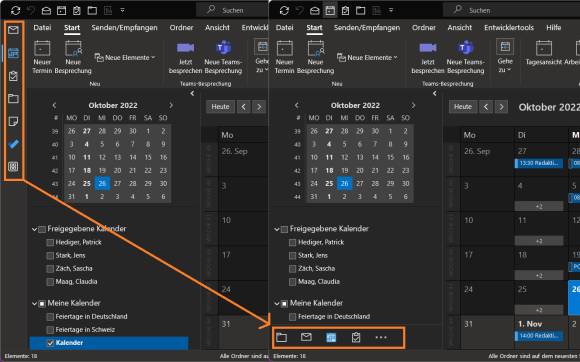 Vergleich: zweimal Outlook, einmal mit den Icons links, einmal mit den Icons unten 