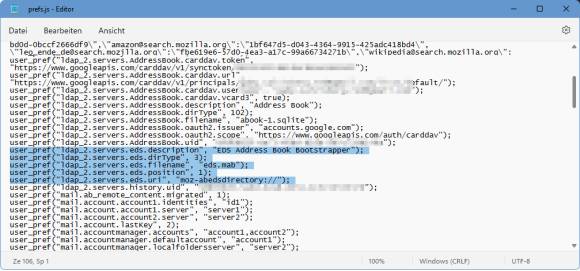 Die Datei prefs.js im Notepad-Editor. Die fünf zu löschenden Zeilen sind markiert