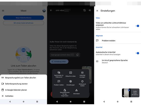 Screenshots aus der Google Meet App 