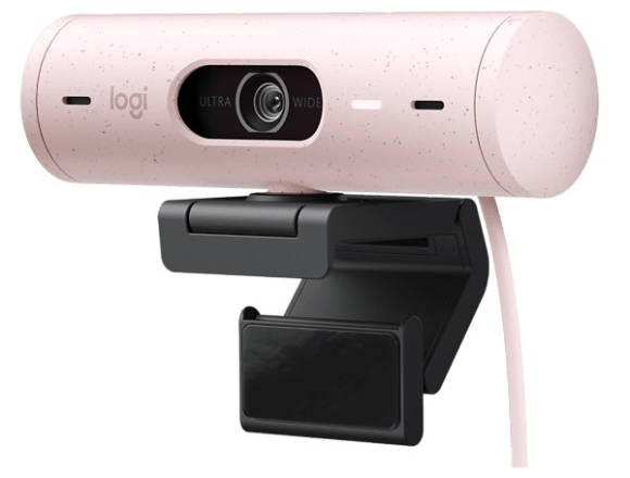Eine Logitech Brio 500 Webcam, hier in Blassrosa