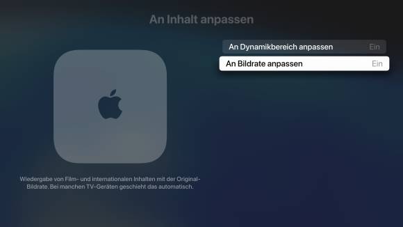 Die automatische Anpassung an die Bildrate und den Dynamikbereich in den Einstellungen von Apple TV