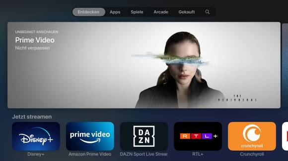 Auf dem Fernseher ist der App Store zu sehen; es werden verschiedene Streaming- und TV-Apps angeboten