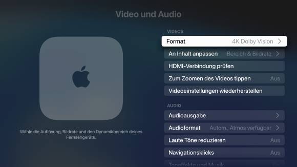 Die Apple-TV-Oberfläche zeigt die Einstellungen für die Video- und Audiowiedergabe