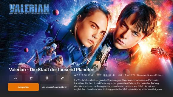 Das Mediacenter Infuse zeigt Informationen zu einem Film, in diesem Fall «Valerian - Die Stadt der tausend Planeten»