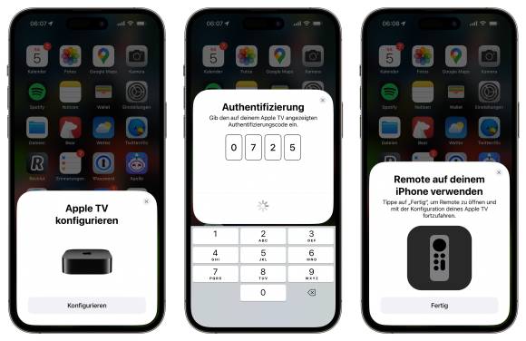 Auf drei iPhones nebeneinander wird die schrittweise Einrichtung gezeigt
