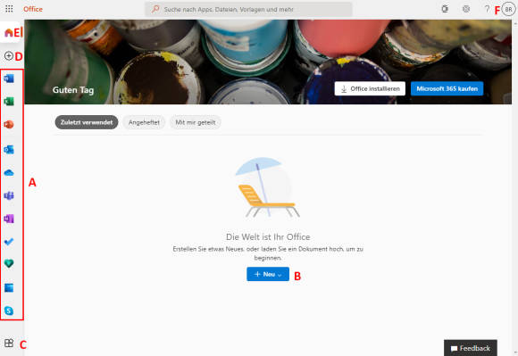 Die Office-Online-Übersicht, links die Leiste mit den App-Verknüpfungen