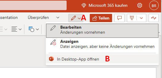 Es wird ein Befehl angeboten, um eine Datei in der Desktop-App zu öffnen