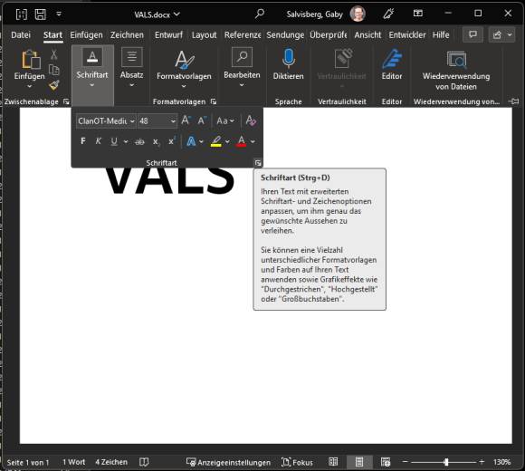 Screenshot von Word, der zeigt, wo sich das Steuerelement befindet