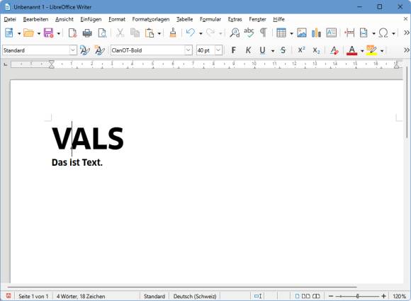 Screenshot aus dem LibreOffice Writer. Das Kerning ist im Wort VALS schon aktiv