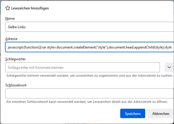 Bookmarklet-Erstellung in den Firefox-Lesezeichen