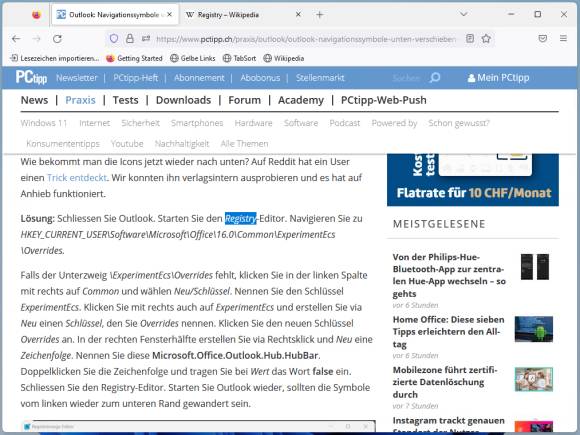 Ein Wort ist in einem PCtipp-Artikel markiert. Oben sieht man das Wikipedia-Bookmarklet und ein neues Tab mit dem Wikipedia-Artikel zu diesem Wort