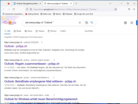 Google-Suche nach dem Wort "Outlook" mit dem Parameter "site:pctipp.ch"