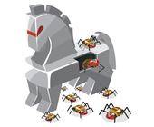 Illustration eines trojanischen Pferdes, aus welchem Roboterkäfer krabbeln