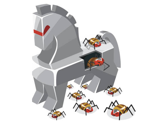 Illustration eines trojanischen Pferdes, aus welchem Roboterkäfer krabbeln 