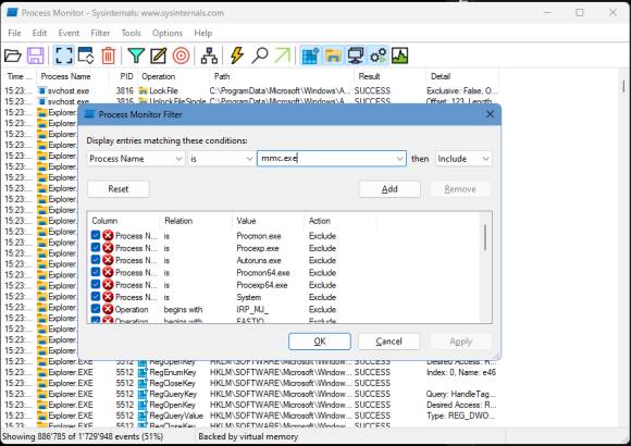 Screenshot der ersten Filtereinstellung im Process Monitor
