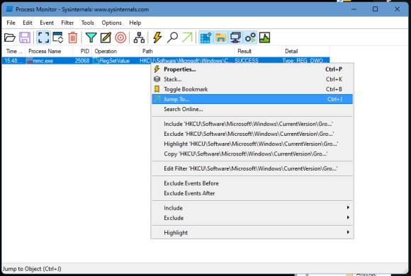 Process Monitor mit Eintragszeile und Kontextmenü mit dem Jump-To-Befehl