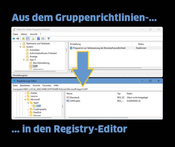 Oben der Gruppenrichtlinien-Editor, unten der Registry-Editor 