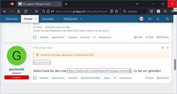 Screenshot des Forumsposts. Das Add-on hat die Links mit rotem Rahmen umgeben