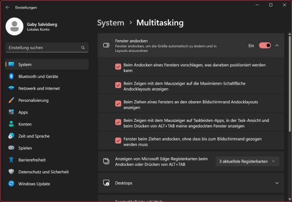 Screenshot der Snap-Einstellungen in Windows 11