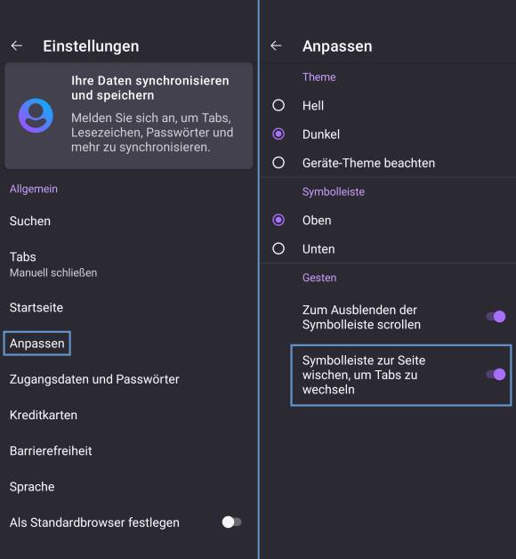 Zwei Screenshots zeigen den Weg zur Einstellung