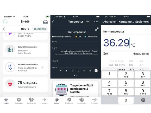 Screenshots aus der App zeigen die manuellen Temperaturmessungen