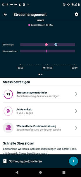 Stressmanagement-Infos in der Android-App (mit Sense 2 gekoppelt) Die Fitbit-App zeigt Stressmanagement-Funktionen