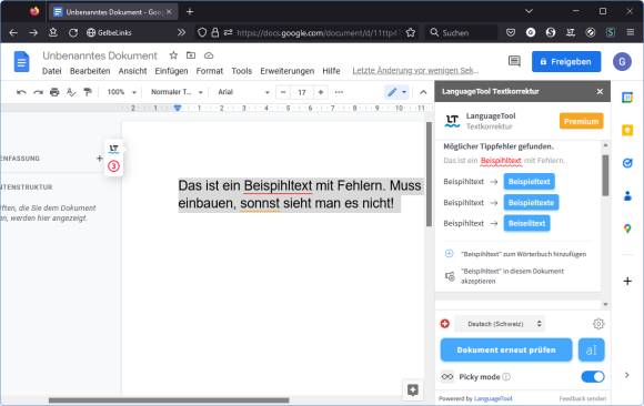 Die Korrekturvorschläge des LanguageTools-Google-Docs-Add-ons