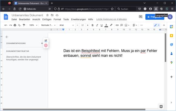 Screenshot eines Beispieldokuments in Google Docs, Rechtschreibfehler sind markiert 