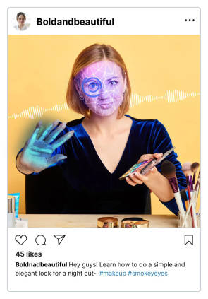 Beispielbild eines Instagram-Fotos mit markierten Biometriepunkten auf dem Gesicht und der Handfläche einer Frau