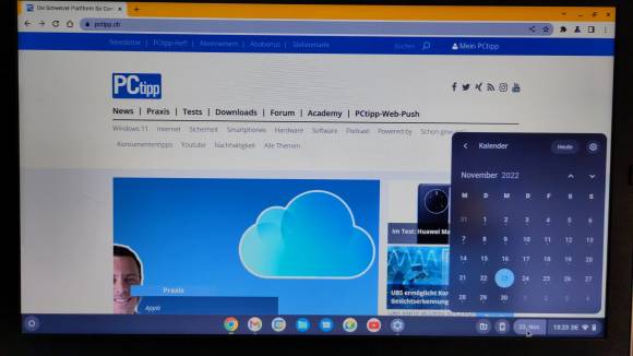 Bildschirmfoto eines Chrome OS Flex-Bildschirms mit geöffnetem Kalender 